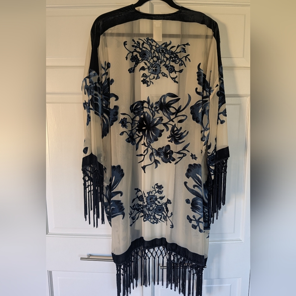 Chico's travelers SheerNavy Floral Burnout Velvet Fringe Kimono SZ L/XL - Picture 2 of 4